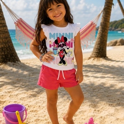 Menina na praia com roupa com Minnie Mouse e brinquedos de areia coloridos na areia