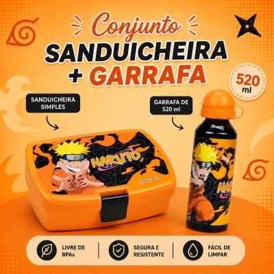Conjunto sanduicheira e garrafa Naruto em cores laranja, preto e amarelo