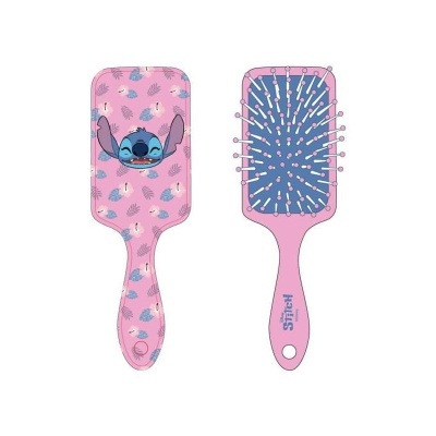 Conjunto de duas escovas de cabelo retangulares cor de rosa com padrão de folhas e personagem Stitch