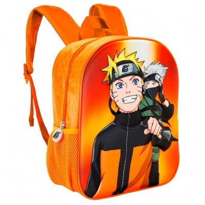 Mochila infantil laranja com personagens Naruto e Kakashi na frente