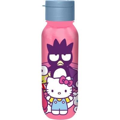 Garrafa cor-de-rosa com tampa azul decorada com personagens da Sanrio em estilo cartoon