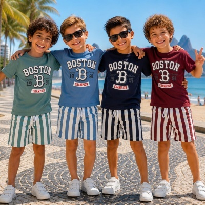 Quatro rapazes vestidos com t-shirts e calções riscas pela praia