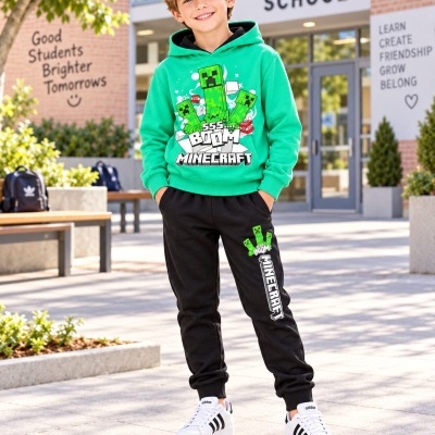 Criança com conjunto verde e preto Minecraft com ténis brancos em frente a escola com texto motivacional nas paredes.