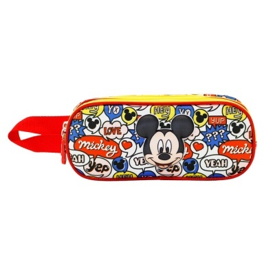 Estojo escolar colorido com padrão Mickey Mouse e alça vermelha