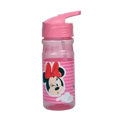 Garrafa de plástico rosa com tampa e palhinha decorada com imagem da Minnie Mouse