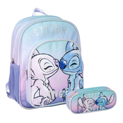 mochila e estojo com personagem Stitch e Angel em cores pastel