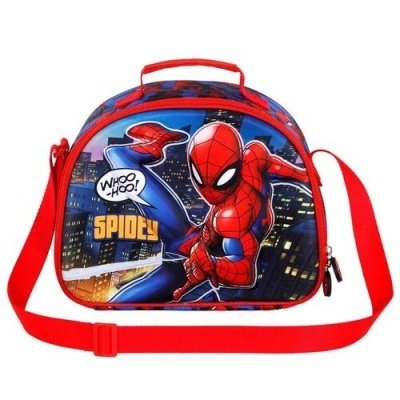 Bolsa infantil vermelha com estampa do Homem-Aranha e texto WHOO-HOO! SPIDEY