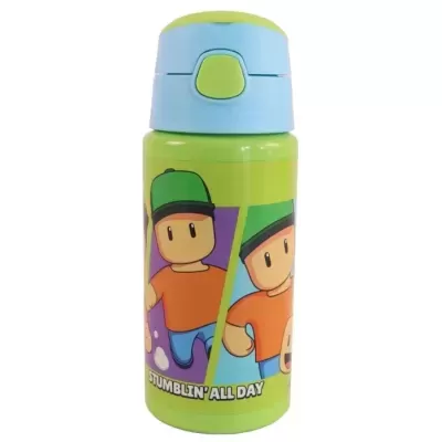 Garrafa térmica infantil verde com personagens de desenho animado e texto