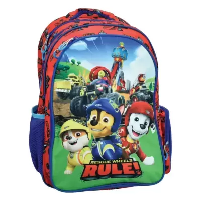 Mochila infantil vermelha e azul com personagens do Paw Patrol e texto RESCUE WHEELS RULE
