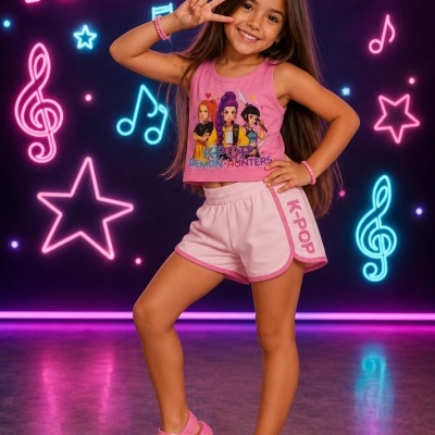 Rapazinha com roupa rosa com tema K-POP em estúdio com luzes de néon coloridas