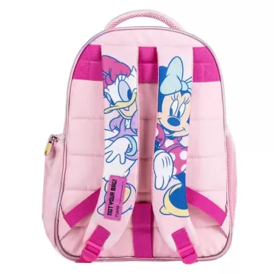 Mochila infantil rosa com alças estampadas Daisy e Minnie