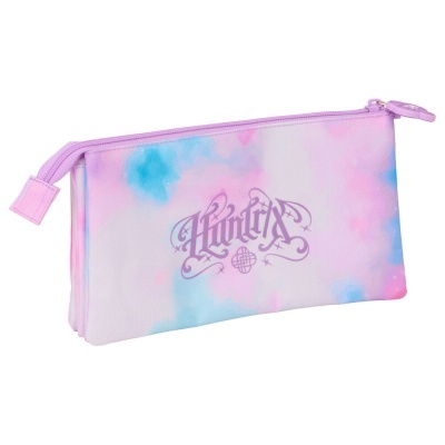 Estojo tecido pastel rosa azul lilás com fecho e texto HUNTRIX