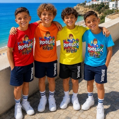 Quatro crianças com t-shirts coloridas e calções Roblox sorrindo na praia