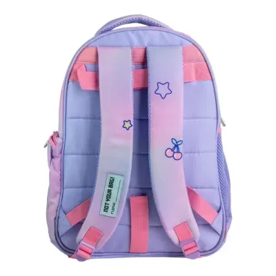 Mochila lilás com alças rosa degradê e desenho de estrelas e cerejas