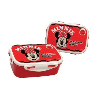 Marmitas vermelhas com tampa branca e imagem da Minnie com laço vermelho de bolinhas brancas