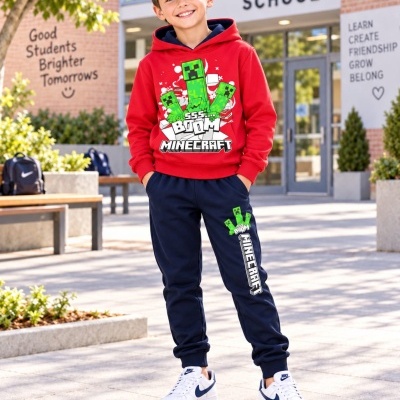 Menino com hoodie vermelho e calças azul-escuro com design Minecraft, em frente a escola com texto no fundo.