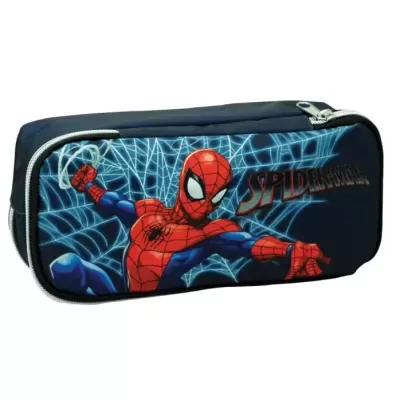 Estojo azul com imagem de Spider-Man e texto SPIDER-MAN