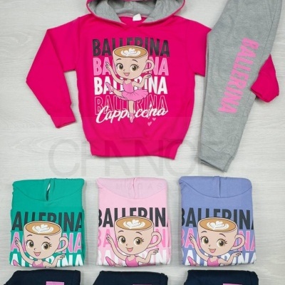 Conjunto infantil capuz rosa e calças cinzentas com palavra BALLERINA e estampa de bailarina cappuccino