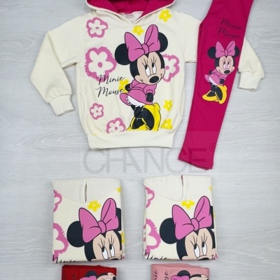 Conjunto infantil com hoodie bege, capuz rosa, Minnie Mouse estampada e leggings rosa.
