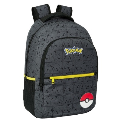 Mochila cinza escuro com padrão de personagens Pokémon e bolso frontal com símbolo Poké Ball