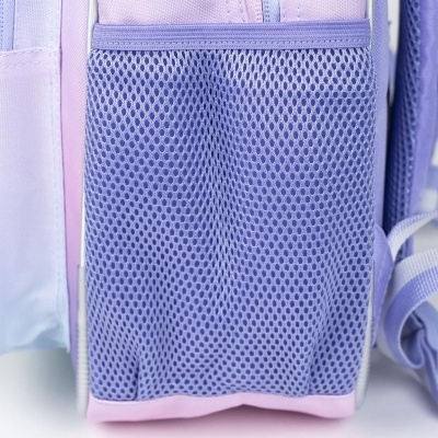 Bolso lateral em rede roxa de mochila com tecido rosa e roxo