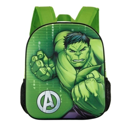 Mochila infantil verde com imagem do Hulk e símbolo dos Vingadores