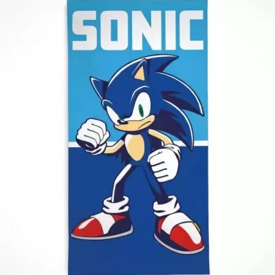 Toalha azul com personagem Sonic e texto SONIC