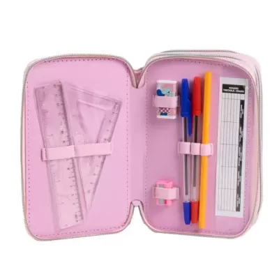 Estojo escolar rosa aberto com material escolar dentro