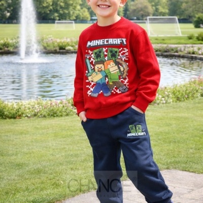 Menino com conjunto de roupas Minecraft num parque com fonte e relvado