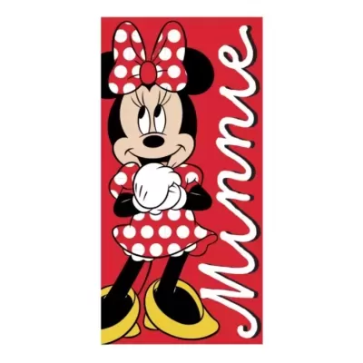Toalha vermelha com desenho de Minnie Mouse em vestido e laço vermelhos com bolinhas brancas e texto Minnie