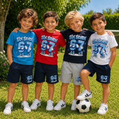 Quatro rapazes com t-shirts e calções coloridos com estampado SIX SEVEN 67, posando num relvado verde junto a uma árvore.