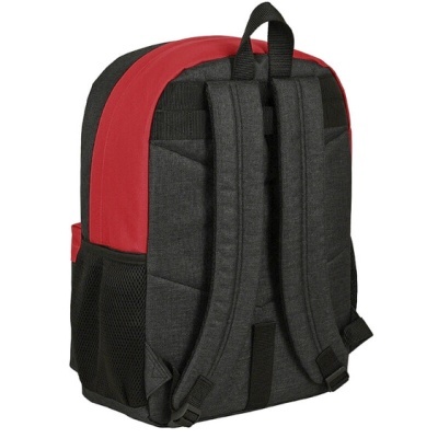 Mochila vermelha e preta com alças acolchoadas e bolso lateral em malha