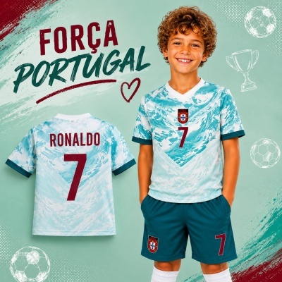 Menino com camisola azul claro e calções verdes do uniforme de Portugal com o número 7 e texto RONALDO