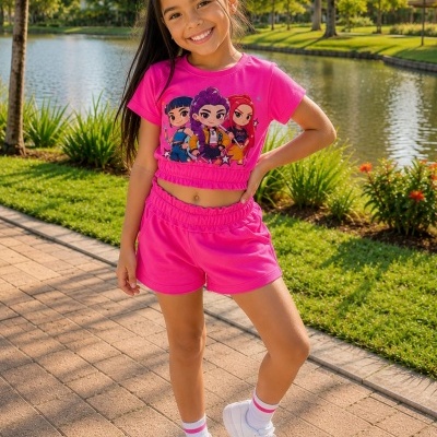 Menina com conjunto rosa e estampa de personagens, ténis brancos e meias brancas com risca rosa num parque ao ar livre.