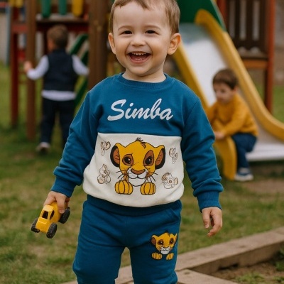 Criança a sorrir com roupa azul estampada do Simba do Rei Leão num parque infantil com escorrega