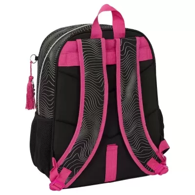 Mochila preta com detalhes rosa e alças acolchoadas com padrão ondulado branco