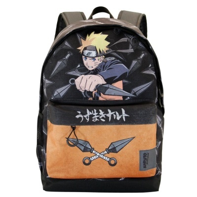 Mochila preta e castanha com estampa Naruto e kunais