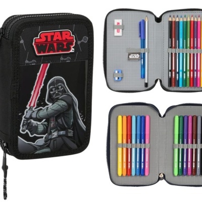 Estojo escolar Star Wars com imagem de Darth Vader e interior com lápis, marcadores e acessórios organizados