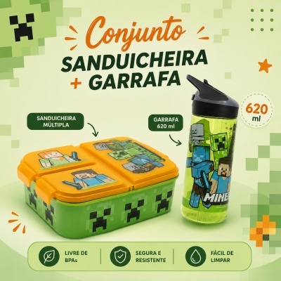 Conjunto de sanduicheira e garrafa do Minecraft em fundo verde