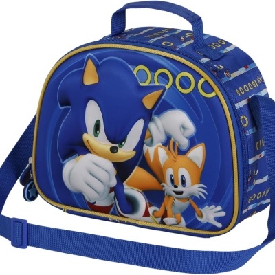 Mala infantil azul com personagens Sonic e Tails em relevo
