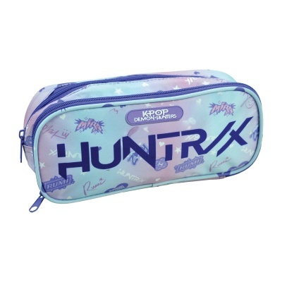 Estojo escolar azul e lilás com texto HUNTR X e KPOP DEMON HUNTERS