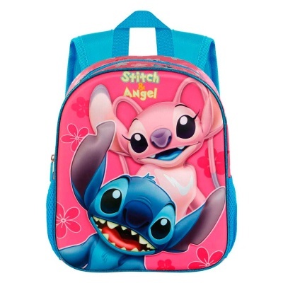 Mochila infantil azul e rosa com personagens Stitch e Angel em relevo e texto 'Stitch Angel'