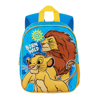 Mochila infantil azul e amarela com desenhos de leões e texto Born Wild