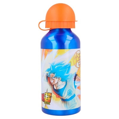 Garrafa de alumínio azul com tampa laranja com imagem do Goku do Dragon Ball