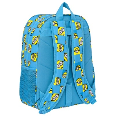 Mochila azul com alças acolchoadas e padrão de Minions amarelos