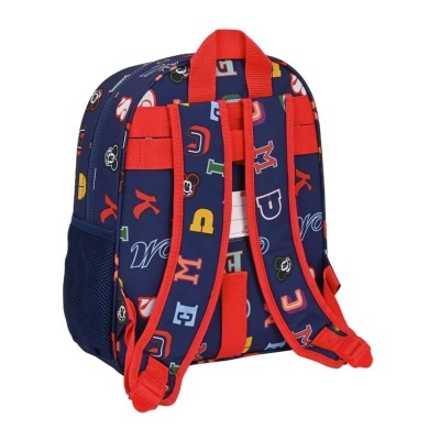 Mochila infantil azul com letras coloridas e alças vermelhas