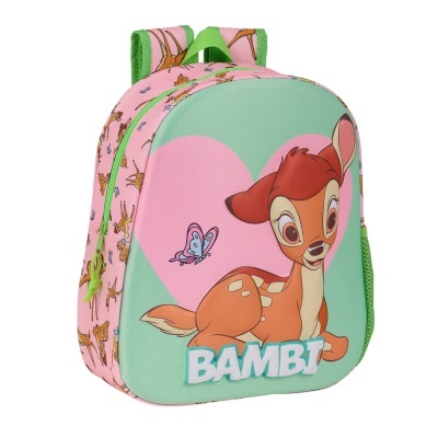 Mochila verde e rosa com estampa da personagem Bambi, coração rosa, borboleta e padrões de Bambi