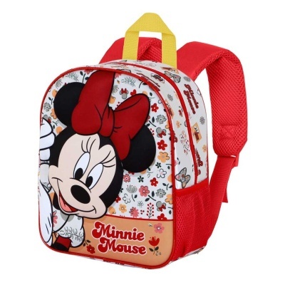 Mochila infantil da Minnie Mouse com alças vermelhas e estampa floral