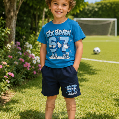 Menino com conjunto azul de camisola e calções em campo de futebol