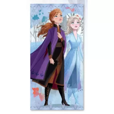 Toalha com estampa dos personagens Anna e Elsa do filme Frozen em fundo gelado